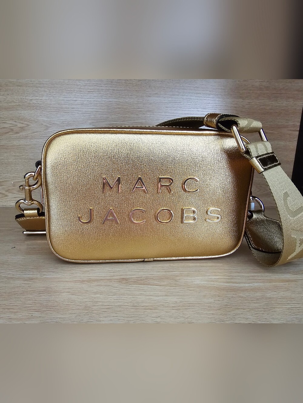 Marc Jacobs Metallic Gold Camera Bag with Logo Embossing